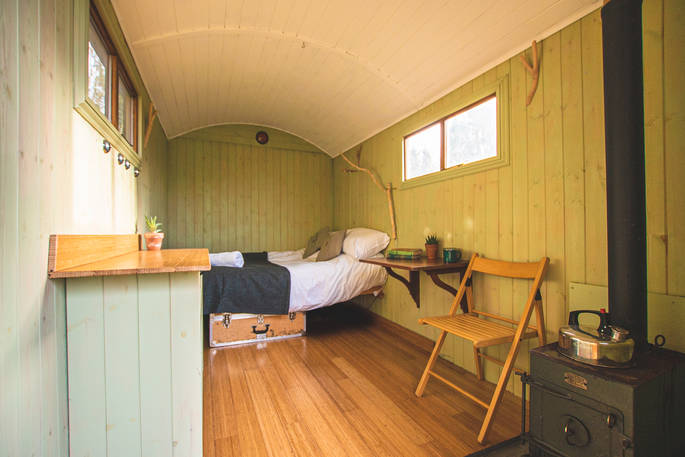 Interior of Tay's Shepherds Hut at Campwell Cherry Orchard in Gloucestershire