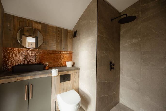 Bathroom with a walk in shower, flushing toilet and sink