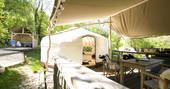 Yurt Reynolds with decking and bath tub at Westley Farm in Gloucestershire 
