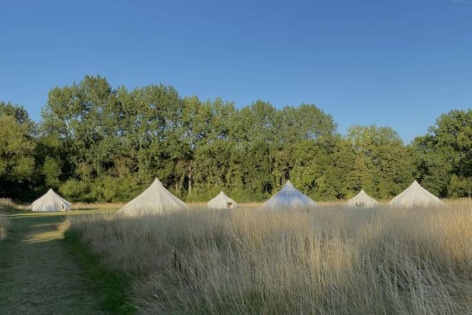 Munday's Meadow group camp glamping bell tents, Donnington, Gloucestershire