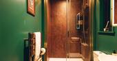 Bathroom with a walk in shower, sink and flushing toilet