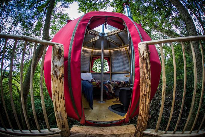 goji tree tent woodland treehouse tree house holiday herefordshire england uk glamping view inside bedroom in the trees