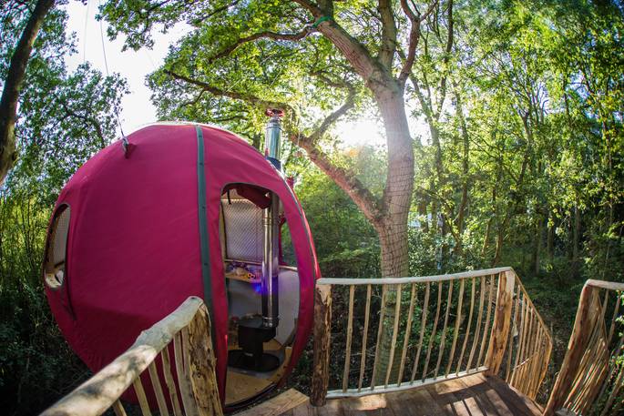 goji brook house woods treehouse tree tent herefordshire england uk glamping decking and tree pod exterior