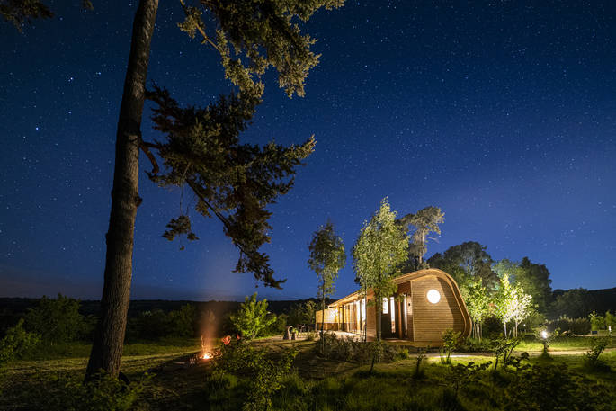 Holly Cabin at night, Clifford, Hereford, Herefordshire, England - by Alex Treadway