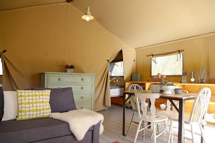 Living area in Woolly Warmer safari tent, Drover's Rest
