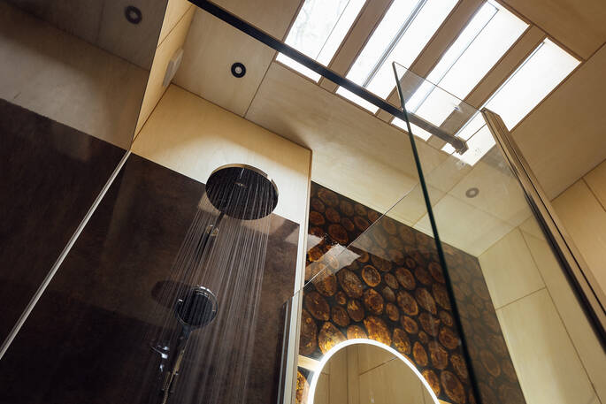 Bathroom with a rainfall shower, sink and flushing toilet