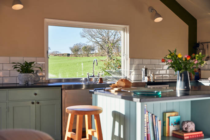 Mosaic Cabin kitchen with view, Herefordshire Hideaways, Ledicot, Shobdon, Herefordshire