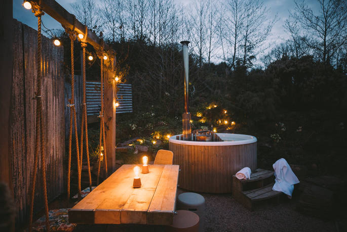 The Nook cabin hot tub at night, Craswall, Herefordshire (near Hay on Wye), England-Wales - Owen Howells Photography