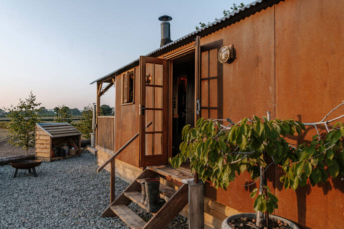 Steps down to the firepit area