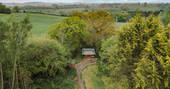 Brackendale cabin drone view at Nicholson Farm, Leominster, Herefordshire