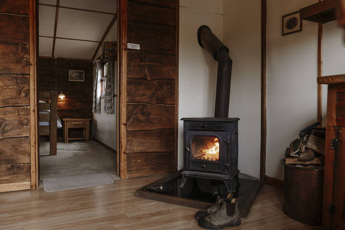Curlews Cabin wood burner at Nicholson Farm, Leominster, Herefordshire
