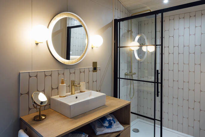 Bathroom with a walk-in shower, sink and flushing toilet