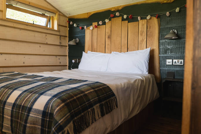Pax cabin bedroom, Whitney-on-Wye (near Hay on Wye) in Herefordshire