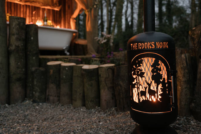 The Rook's Nook treehouse firepit, The Rookery Woods, Bromyard, Herefordshire