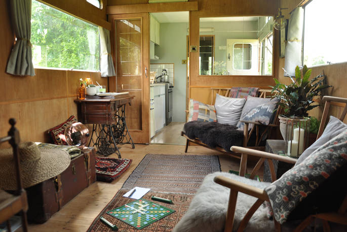 The Sipson wagon glamping interior, Vowchurch, Herefordshire