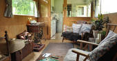 The Sipson wagon glamping interior, Vowchurch, Herefordshire