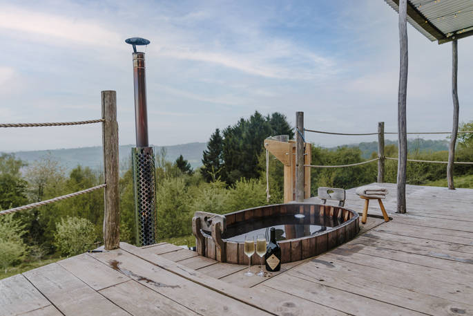 The Wagon Above the World - view from the hot tub, glamping, Orcop, Herefordshire