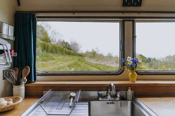 The Wagon Above the World - view from the kitchen, glamping, Orcop, Herefordshire