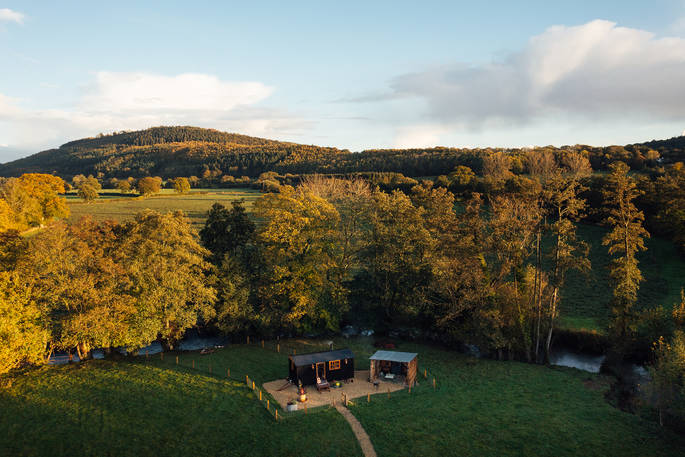 Millie the Hut shepherd's hut aerial view, Wegnalls Mill, Presteigne, Herefordshire - Owen Howells Photography
