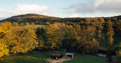 Millie the Hut shepherd's hut aerial view, Wegnalls Mill, Presteigne, Herefordshire - Owen Howells Photography