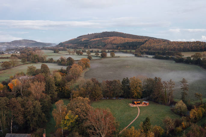 Millie the Hut shepherd's hut aerial view, Wegnalls Mill, Presteigne, Herefordshire - Owen Howells Photography