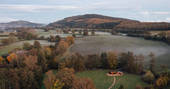 Millie the Hut shepherd's hut aerial view, Wegnalls Mill, Presteigne, Herefordshire - Owen Howells Photography