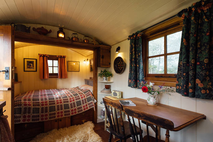 Millie the Hut shepherd's hut interior, Wegnalls Mill, Presteigne, Herefordshire - Owen Howells Photography