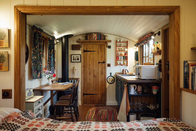 Millie the Hut shepherd's hut interior, Wegnalls Mill, Presteigne, Herefordshire - Owen Howells Photography
