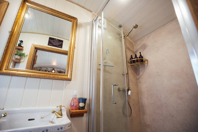 Millie the Hut shepherd's hut shower, Wegnalls Mill, Presteigne, Herefordshire - Owen Howells Photography