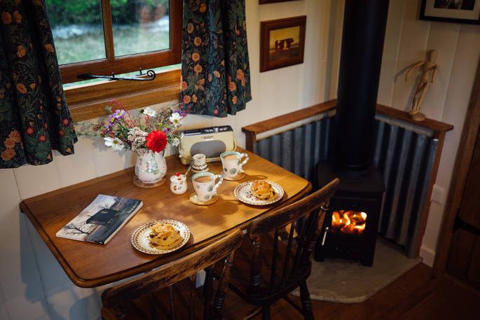 Millie the Hut shepherd's hut wood burner, Wegnalls Mill, Presteigne, Herefordshire - Owen Howells Photography