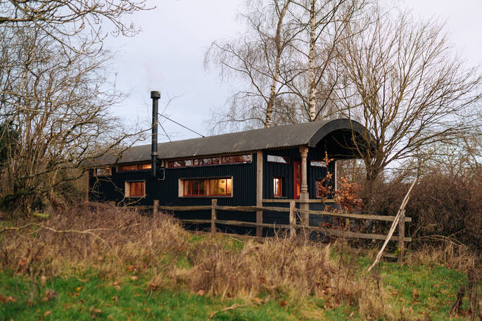 cabin behind the trees