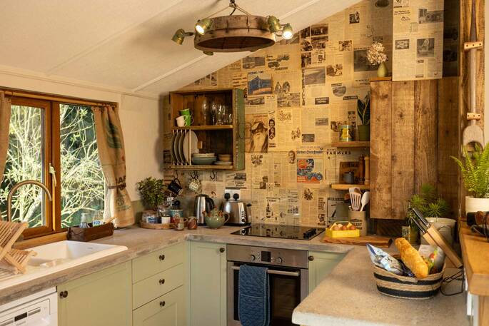 Kitchen equipped with a four ring induction hob, oven and undercounter fridge freezer