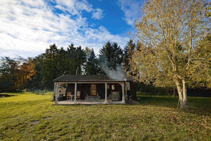 Meads Cabin is on an open field