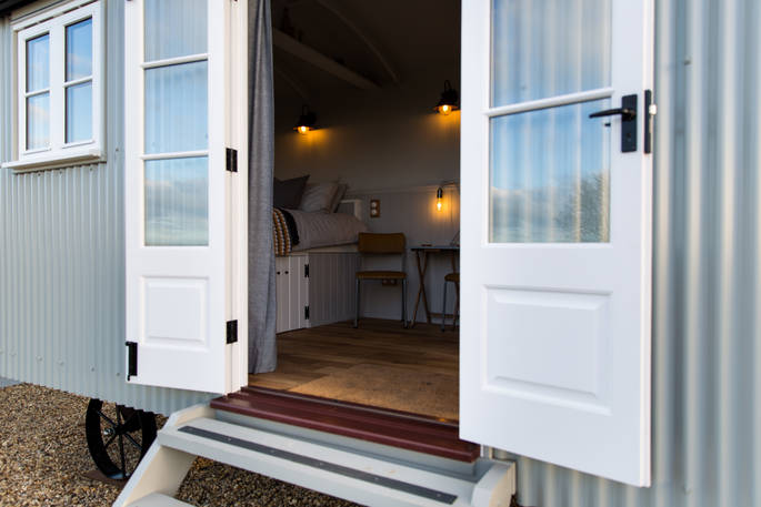 Justin shepherds hut double doors at Leicestershire