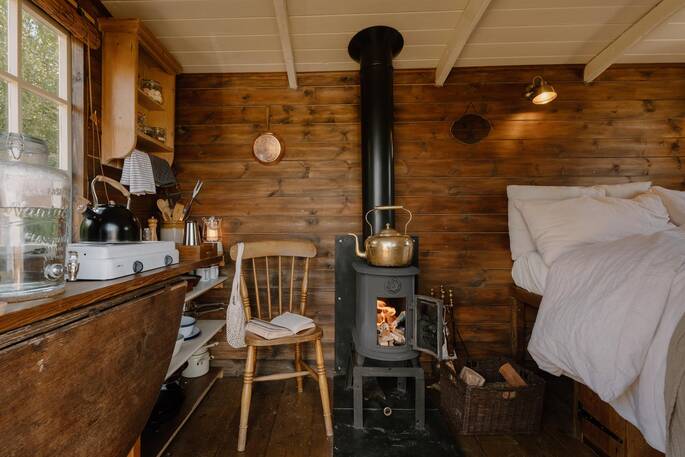 Wood burner and kitchenette