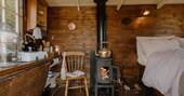 Wood burner and kitchenette