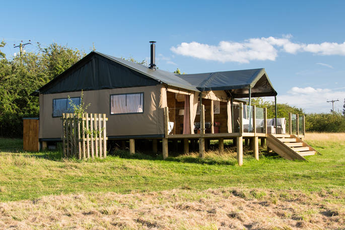 Exterior of Cuckoo safari tent at The Nest in Lincolnshire