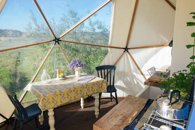 Eat your breakfast with a view of the outdoors in the Oyster Catcher Geodome at Bagthorpe Farm in Norfolk