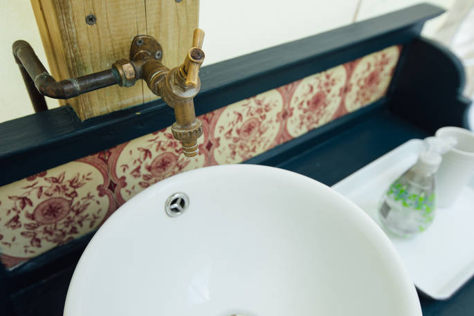 The beautiful handmade sink at the Oyster Catcher geodome at Bagthorpe Farm in Norfolk