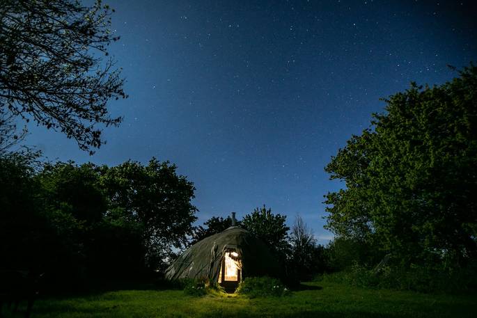 The Wren's Nest tent glamping at night, Norfolk