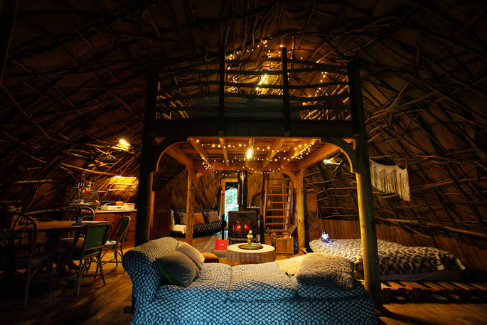 The Wren's Nest tent glamping interior fairy lights, Norfolk