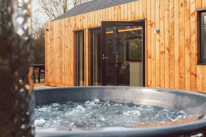 Birch View cabin hot tub, The Wilding Airfield, Peterborough, Northamptonshire