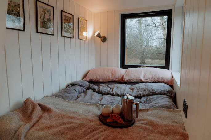 Birch View cabin lower ground double bed, The Wilding Airfield, Peterborough, Northamptonshire