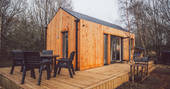 Birch View cabin outdoors sitting area, The Wilding Airfield, Peterborough, Northamptonshire