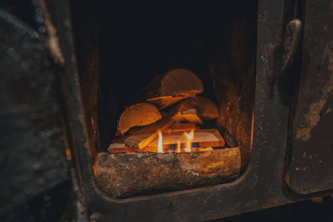 Wood burner in the hut