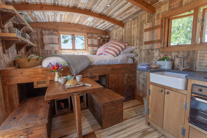 King-size bed inside Hedgehope at Huts in the Hills in Northumberland