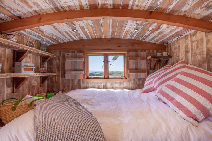 King-size bed inside Hedgehope at Huts in the Hills in Northumberland
