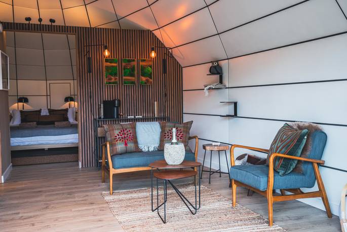 Lounge area at The Glebe Retreat, Cabin, Northumberland, England