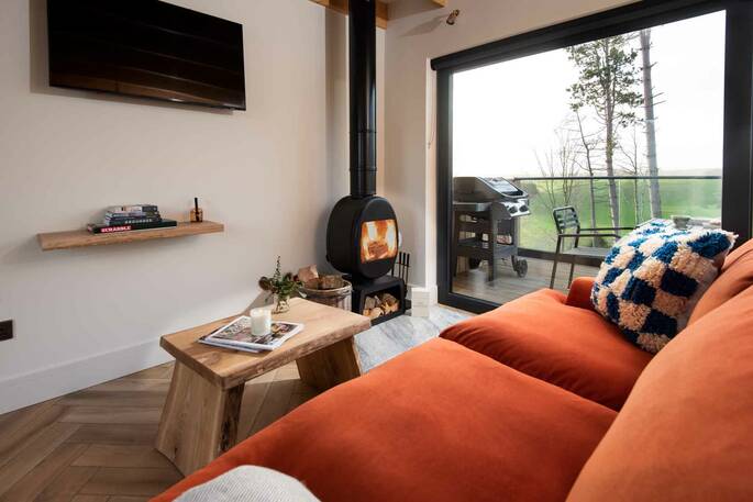 Living area with sofa, wood burner and TV