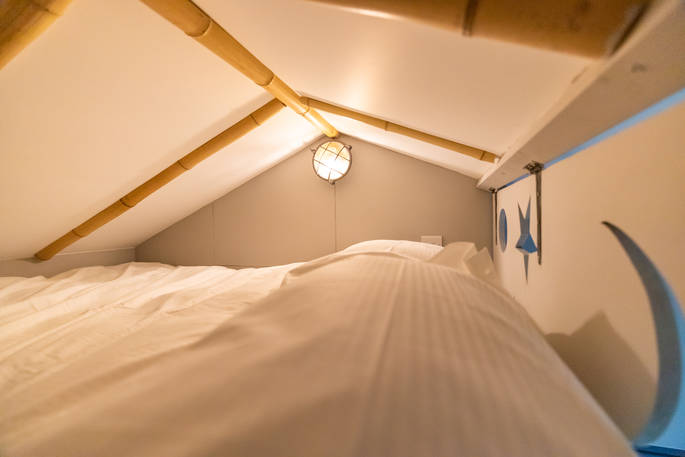 Double mattress on mezzanine level for children inside your safari lodge at Bird Holme Glamping in Nottinghamshire